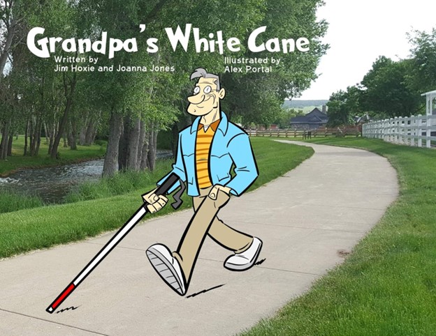 The cover of the book "Grandpa's White Cane." The cover depicts a cartoon drawing of a man with a white cane walking down a sidewalk surrounded by green grass and trees.