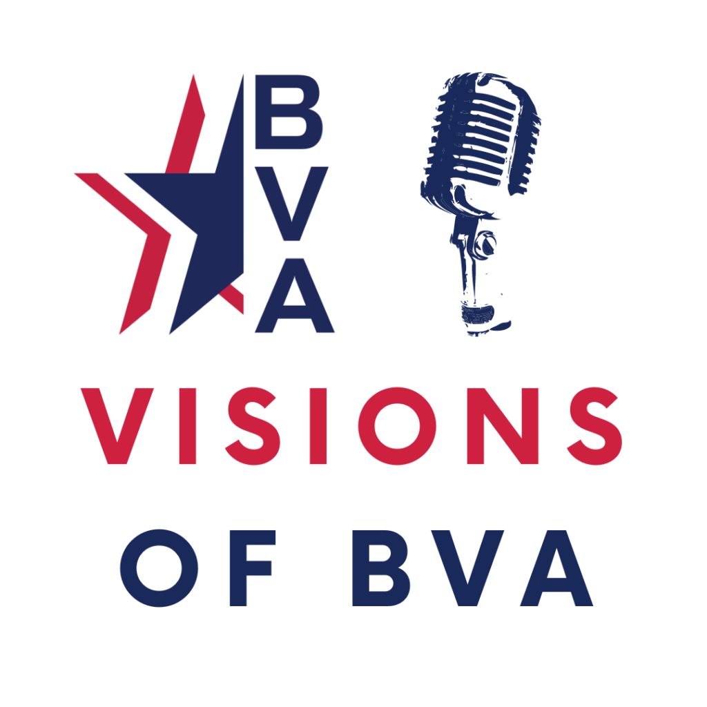 The small BVA logo is in the upper left corner. A microphone is in the upper right corner. Below both images is text that reads "Visions of BVA"