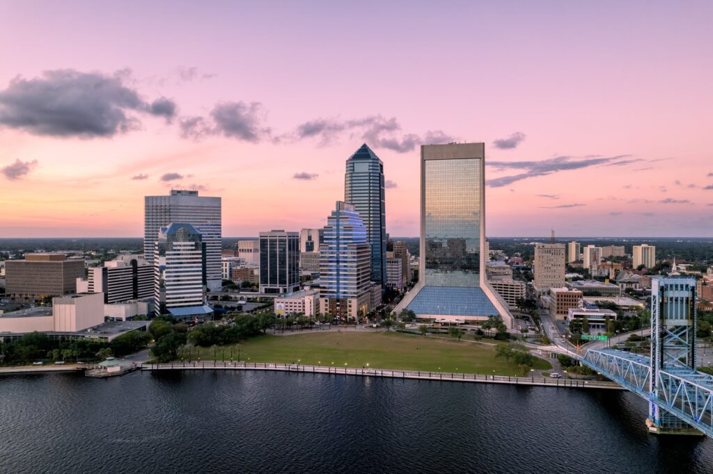 Jacksonville, Florida, downtown skyline with Riverfront Park visible at forefront