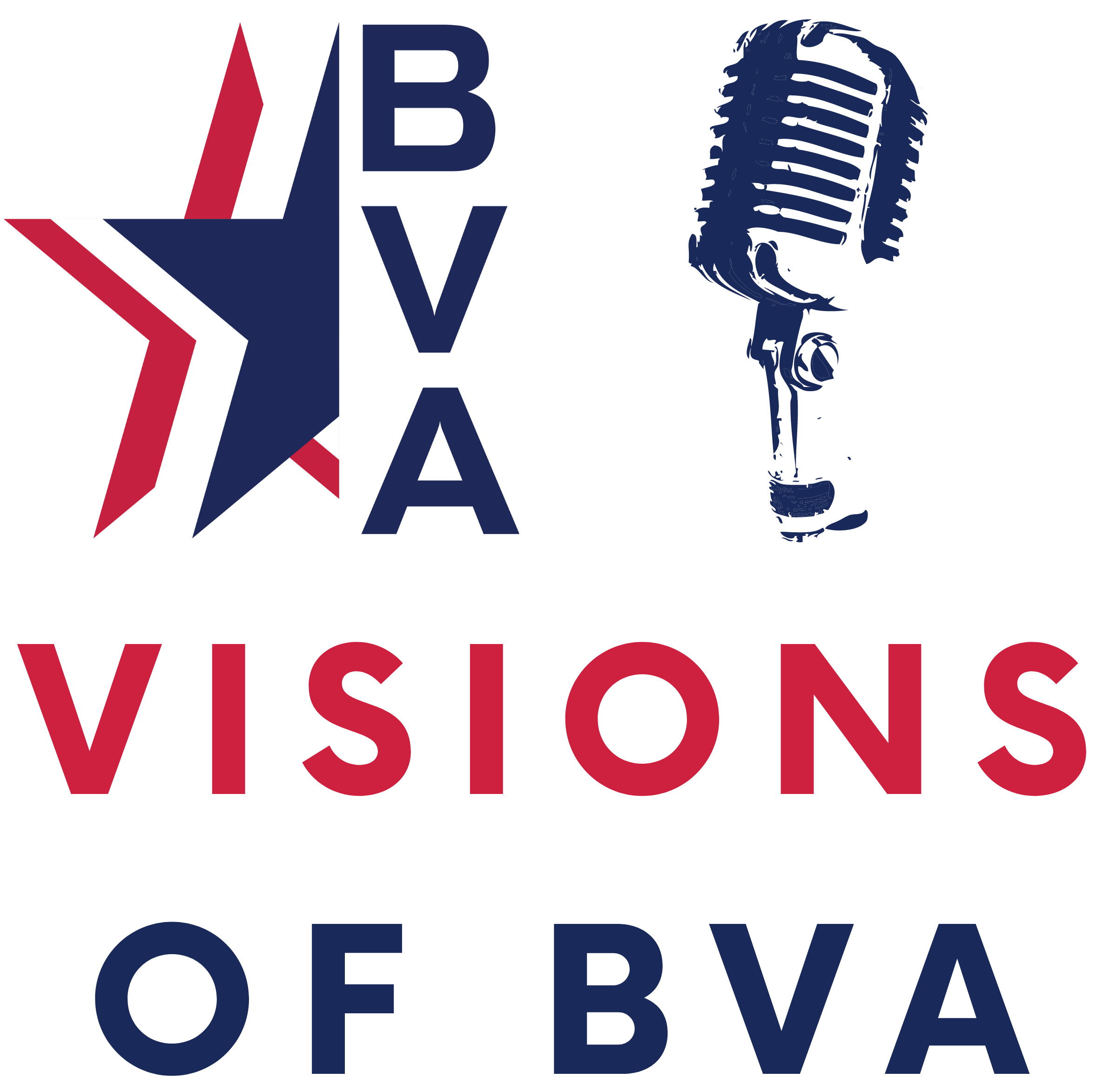 The small BVA logo is in the upper left corner. A microphone is in the upper right corner. Below both images is text that reads "Visions of BVA"