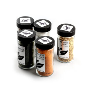 5 spice jars with WayTags on the lids