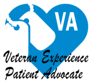 Logo featuring a blue heart with a white dog tag and "VA" initials, Text below heart reads "Veteran Experience Patient Advocate" in black cursive font.